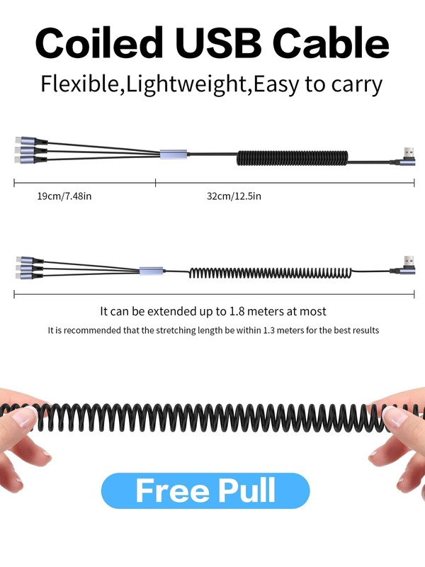 3-in-1 Coiled USB A Fast Charging Cable, 90 Degree Right Angle USB-A Connecto... gallery