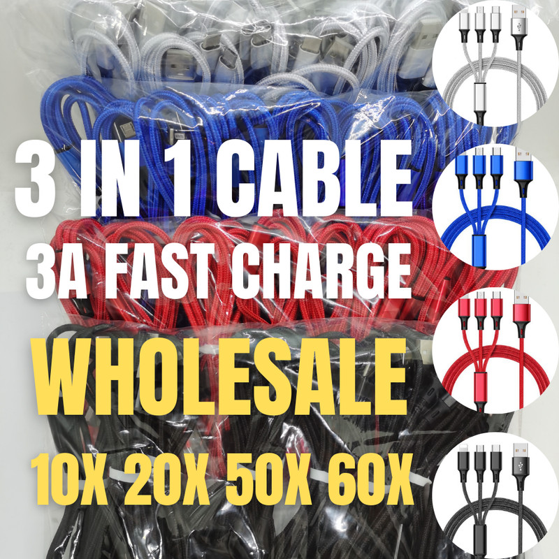 Wholesale Lot 3in1 USB Charger Cable 3A Fast Charging For iPhone Samsung Android