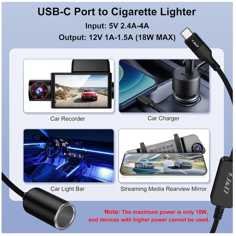 18W Power Cable for Dash Cam & GPS, USB C to Car Socket