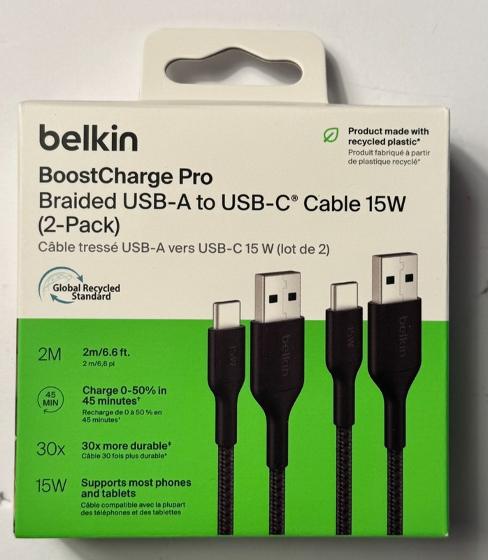 Belkin BoostCharge Pro Braided USB-A to USB-C Cable 60W (2-Pack)