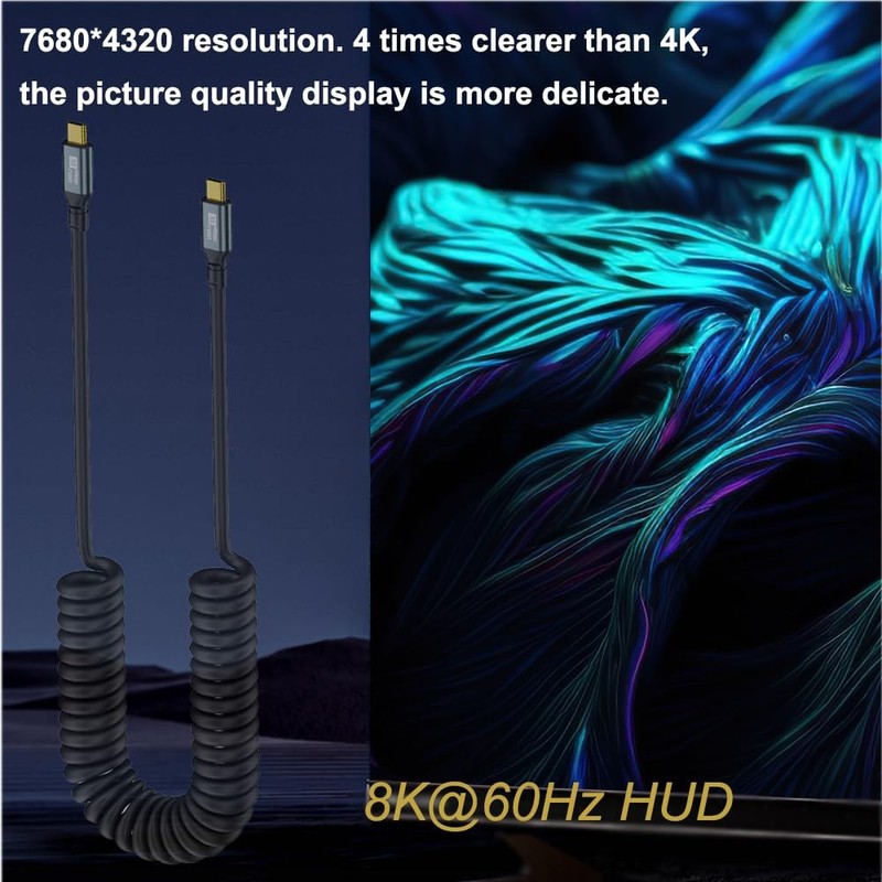 20Gbps USB Type C Coiled Cable, 100W PD QC Cord, Straight Male to 90 Degree U... gallery