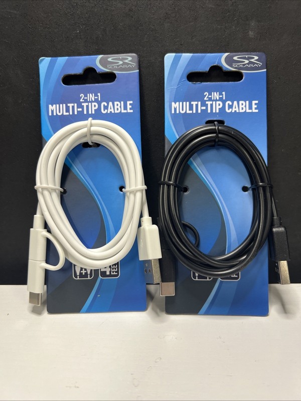 2 In 1 Multi-Tip Charging Cable. 4ft Micro & Type C Connectors White New 2 Pack