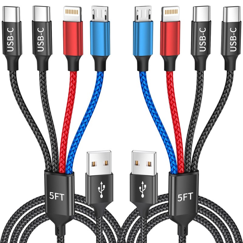 Dual Type-C 4 in 1 Multi Charging Cable for iPhone 17/ 2pack5ft, Multicolored