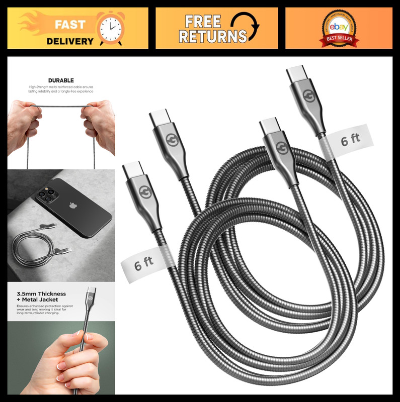 Pet-Proof USB-C to USB-C Charger Cables 6ft Braided Metal Durable Type C (2 Pack