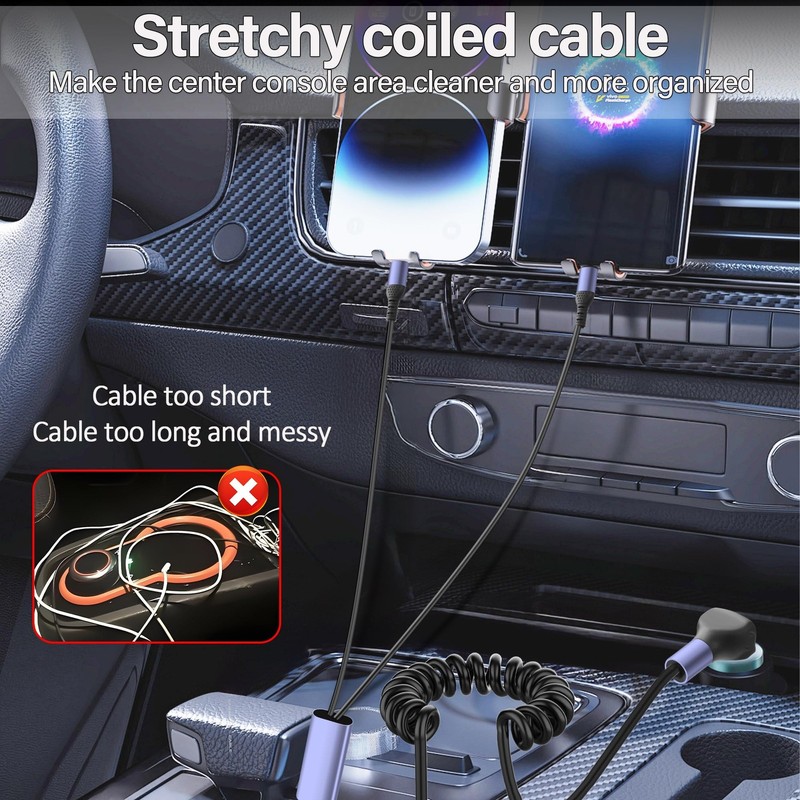 Coiled Multi USB Charging Cable 2 in 1 Type C Port 90 Degree Splitter 5.9FT gallery