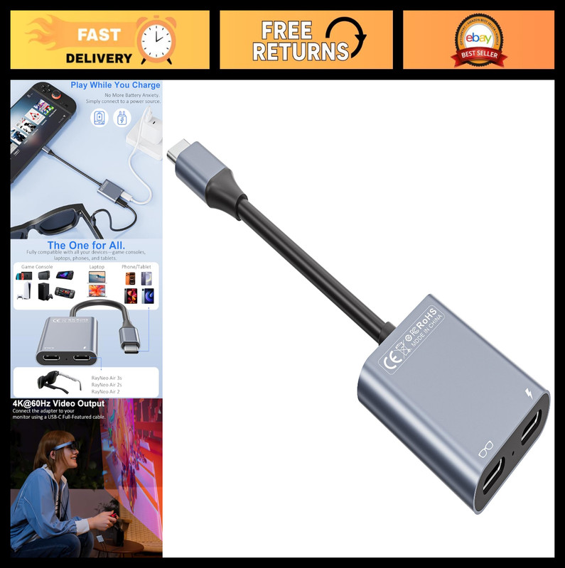 USB-C to HDMI Glasses Charging Adapter, 100W PD, 4K@60Hz for Switch, PS4/5, Xbox