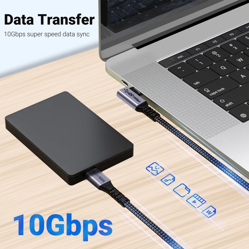 Right Angle USB C 3.1 Data Cable 100W Gen 2 Fast Charging 10Gbps 10FT 2 PCS gallery