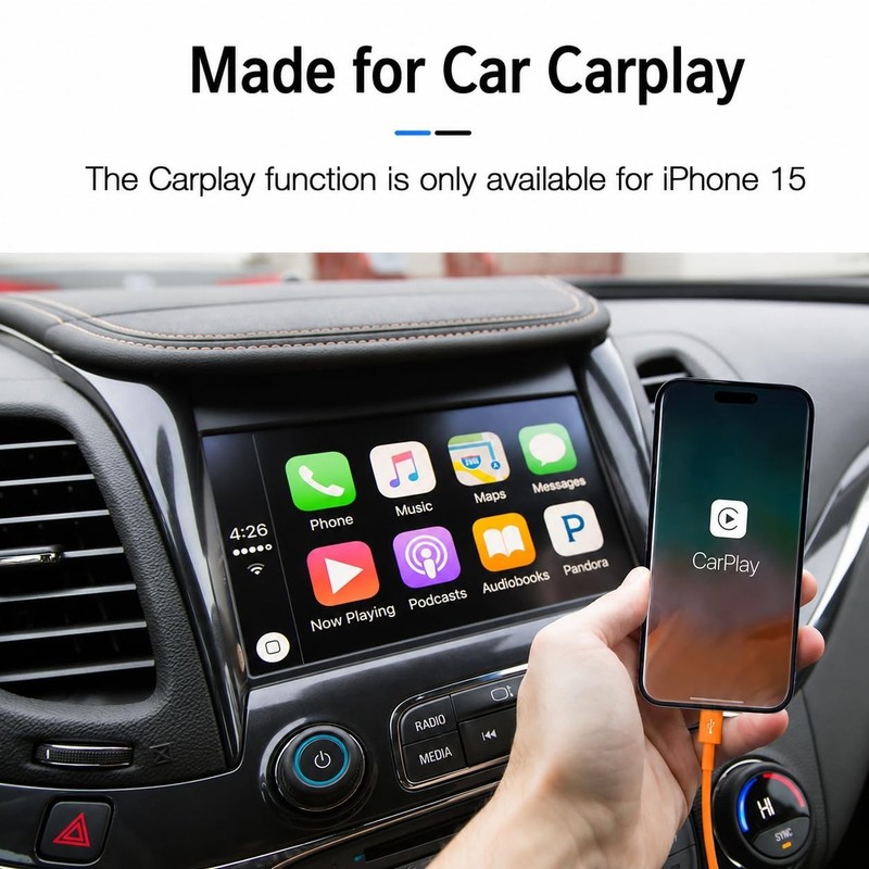 3.3FT long Orange Car Carplay Cable for iPhone 17/16/15, USB A to USB C gallery