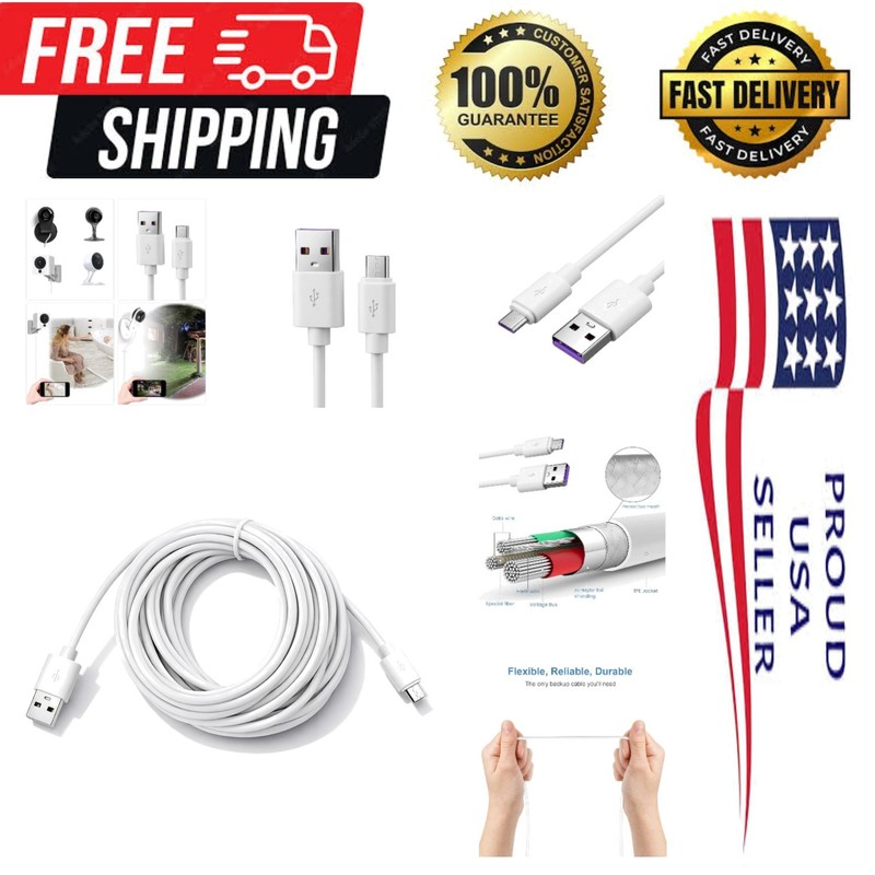 13ft Micro USB Charger for Indoor/Outdoor Cameras - Fast Data Transfer