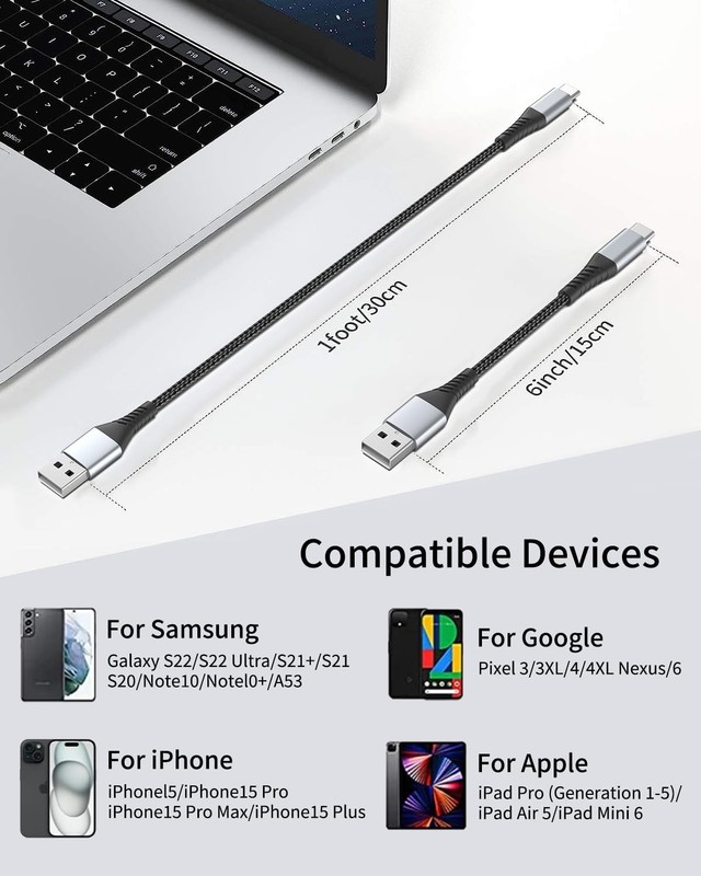 3 Pack Short USB C Cable 1FT USB A to C Fast Charging Braided for iPhone gallery