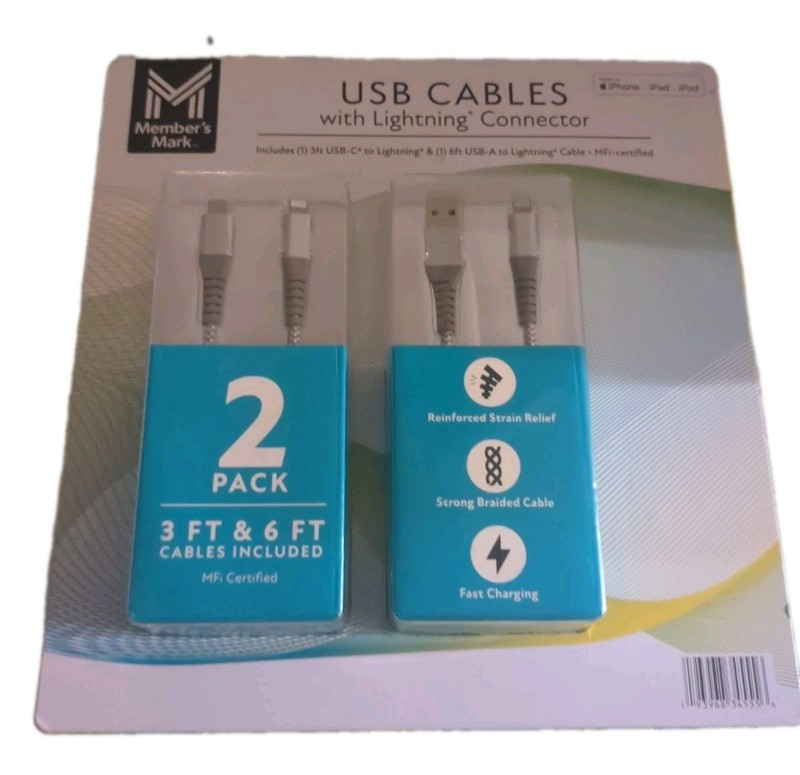 Member’s Mark USB Type A to 8 Pin 3ft and 6ft Cables – 2 Pack For iPhone.