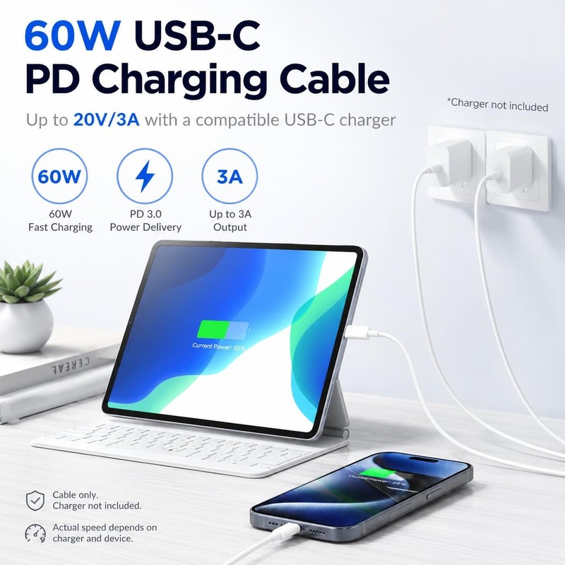 QOQHO 3-Pack 6FT USB-C to Charging Cable, 60W PD 6FT+6FT+6FT, Black gallery