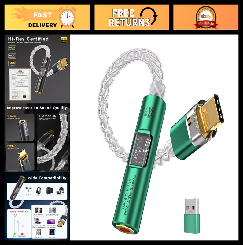USB-C to 3.5mm Audio Adapter, Hi-Res DAC, 8-Strand Copper Cable, Aux for Android