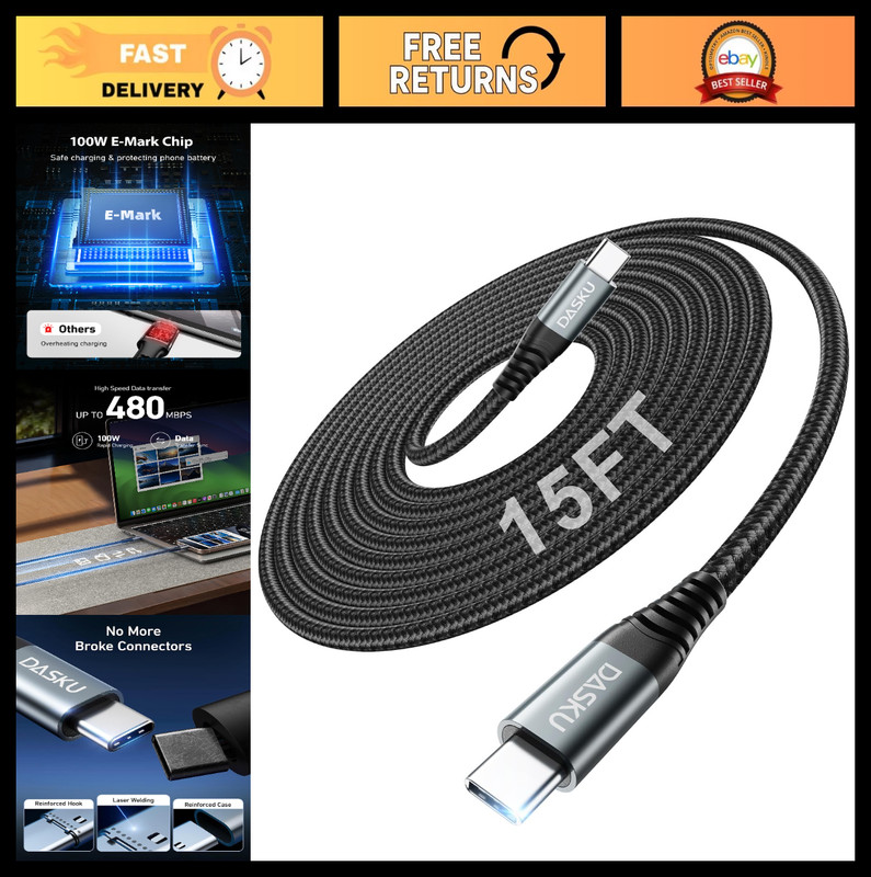 15FT USB C to C Cable 100W Fast Charging, Extra Long Braided Type C Cord for iPh