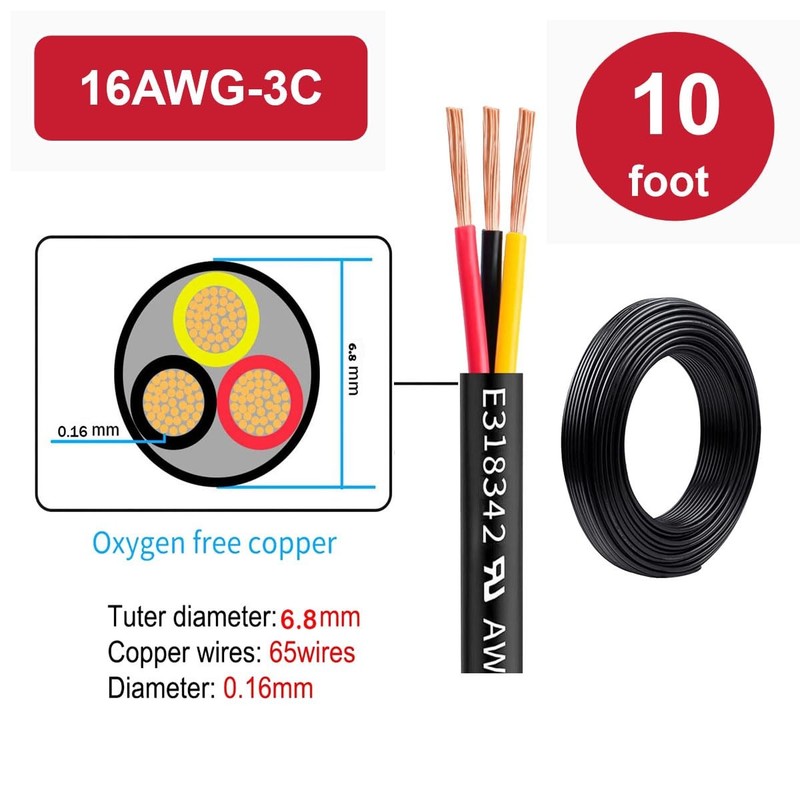 16 Gauge Wire 3 Conductor,10FT 16AWG Electrical Wire Stranded PVC Cord Oxygen... gallery