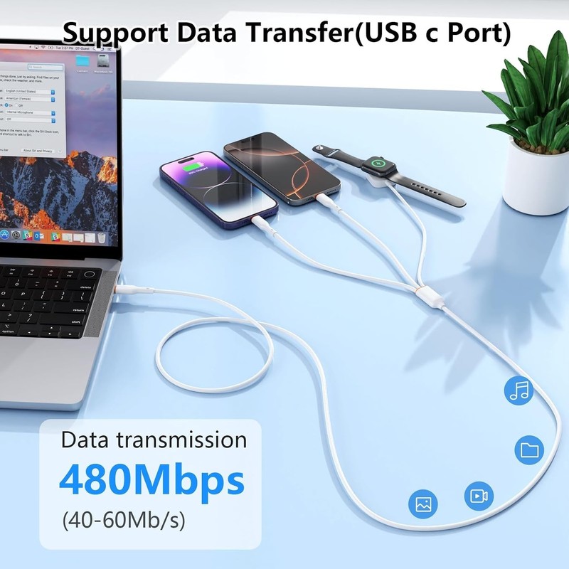 100W USB C Multi 3 in 1 Smart iWatch Charge Cable for iPhone/Apple Watch, Typ... gallery