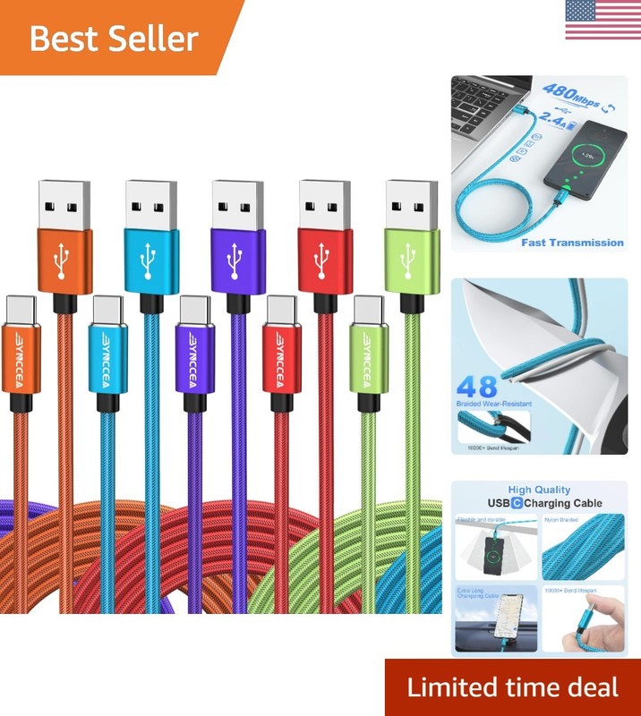 USB Cable C to USB A 10ft-5 Pack USB Type C Cable Fast Charging Nylon Braided…