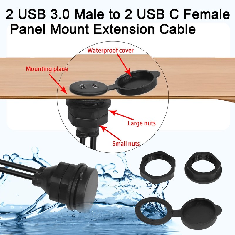 1m Dual Port 2x USB 3.0 M to 2x USB C F Flush Mount Cable, Waterproof, Threaded gallery