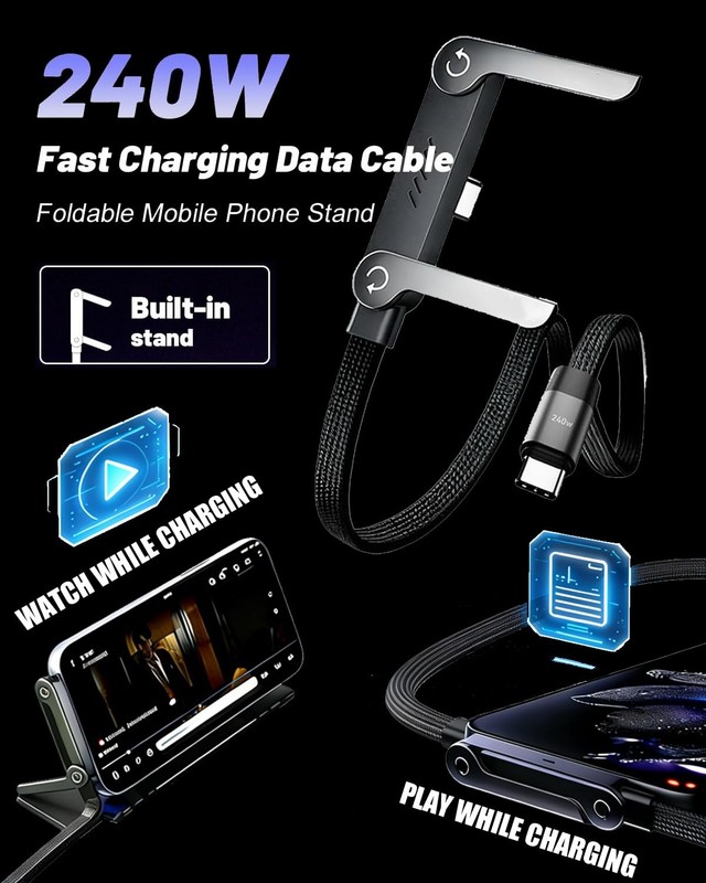 2 Pack 240w USB-C Charge Cable Invisible Stand Type C Charger Flat Phone Char... gallery