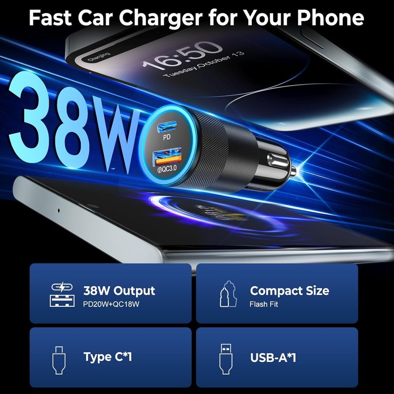 38W USB Fast Car Charger 10FT USB-C to Type-C Cable For iPhone 17/16/15 Samsung gallery