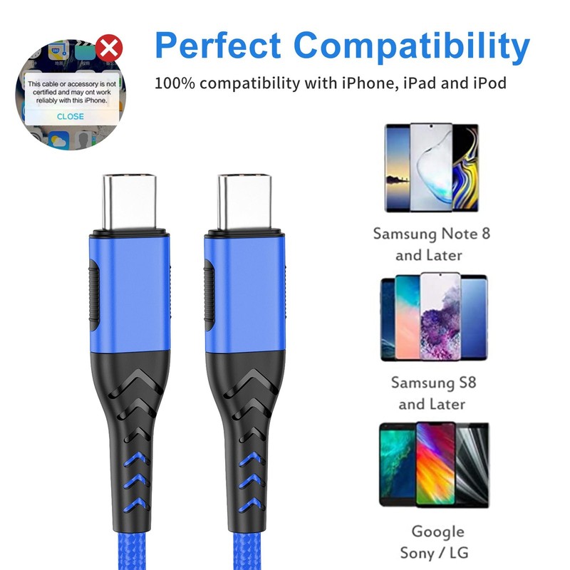 2 PCS 10ft USB C To USB C Cable 100W Fast Charger Cord Blue Data Transfer gallery