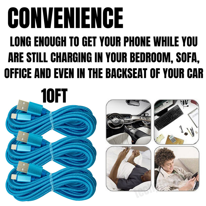 1/3/5 PCS 10Ft Braided USB Charging Cable Data Cord For iPhone 14 13 12 11 8 7 6 gallery