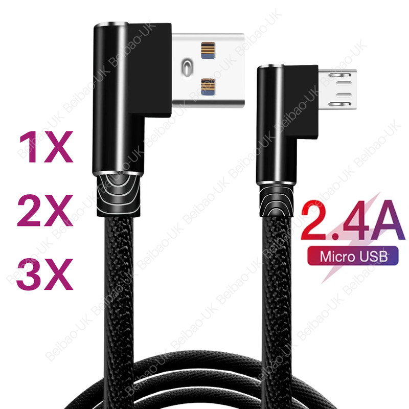 90 Degree Elbow Micro USB Cable Braided Charger Lot For Android Samsung 3/6/10Ft