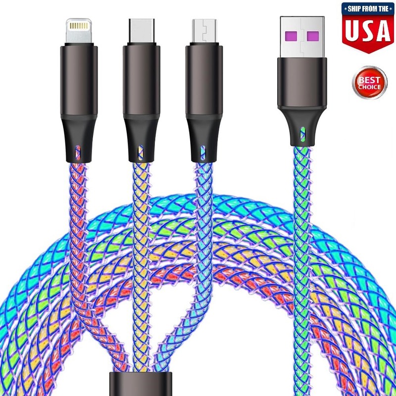 3 in 1 LED Fast Charging Cable Adapter For iPhone Micro USB Type C Charger Cord