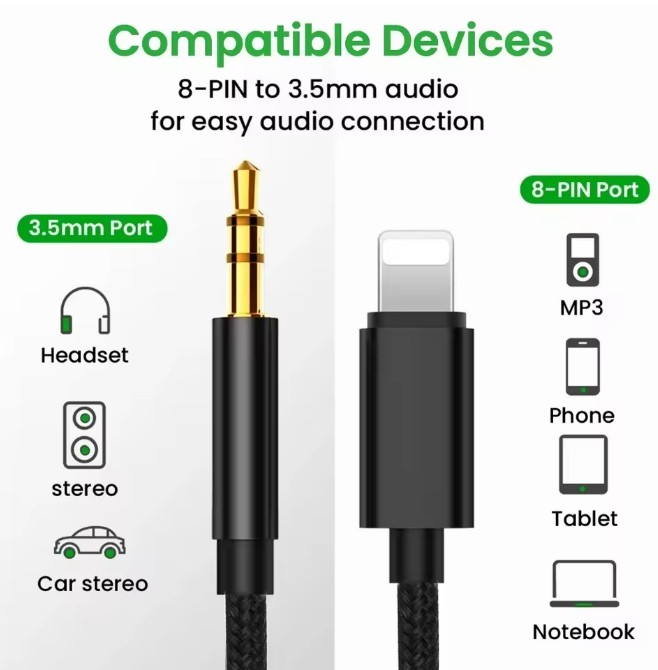 8 Pin to 3.5mm AUX Audio Car Adapter Cord For iPhone 14 13 12 11 8 X XR Pro Lot gallery
