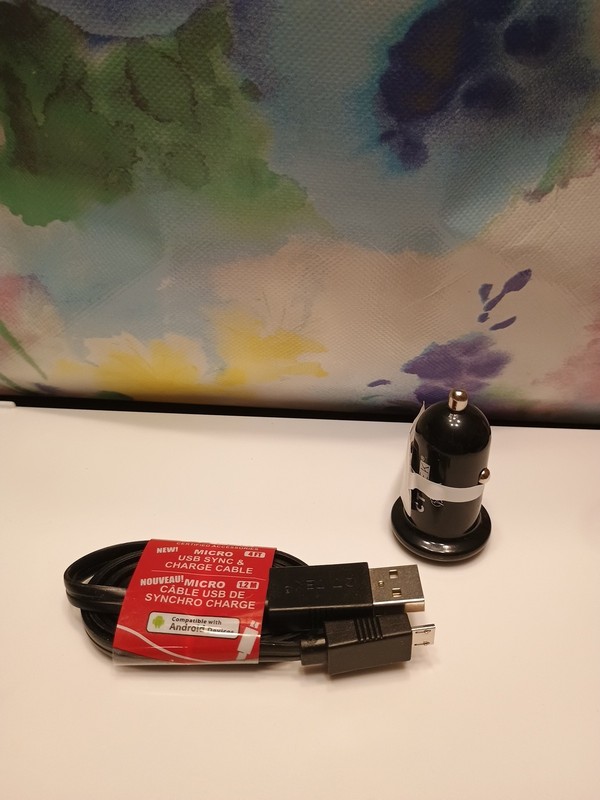 Micro Phone Cable (4 Ft) + USB Car Charger. Black.