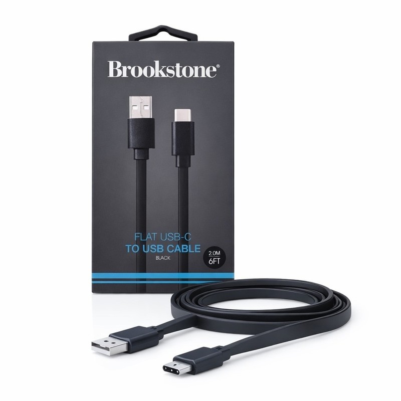 Brookstone Flat USB-C to USB Cable 6FT Black Fast Charge Data Transfer NEW