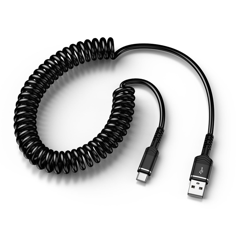 USB to C Coiled Cable Fast Charging 1.3 feet (stretched: 3 feet), Black