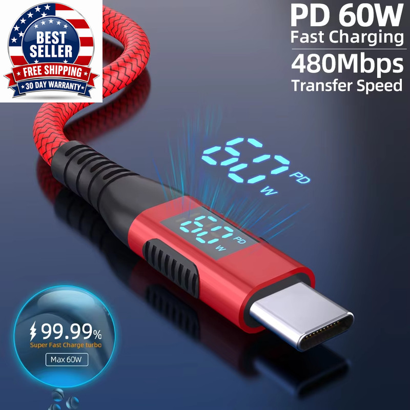 High Quality 1PC USB to Type C Cable 60W Fast Charging Charger Wire LED Display gallery