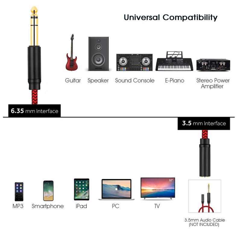6.35 Male to 3.5mm Female Audio Adapter Cable 20ft Stereo Extension gallery