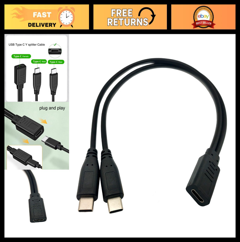 USB C Splitter Charge Cable 1ft, Type C Y Splitter 1 Female to 2 Male for Chargi