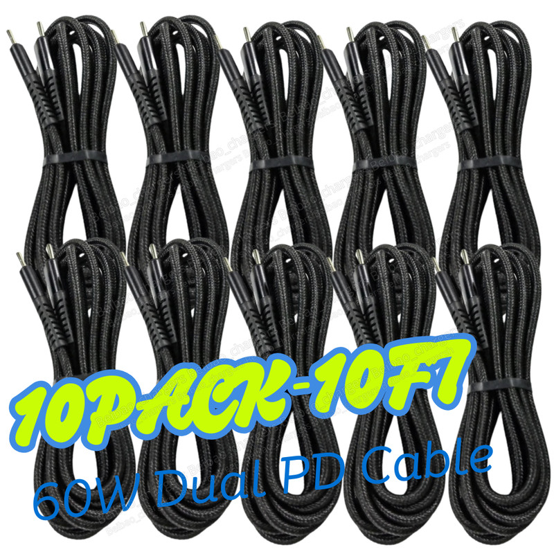10Pcs 60W USB-C to USB-C Cable Lot Fast Charger PD Cord For iPhone 15 16 17 10ft