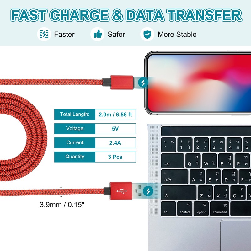 6.56ft USB Type C Charger Cable 3pcs 2.4A Type-C Braided Charging Data Cord Red gallery