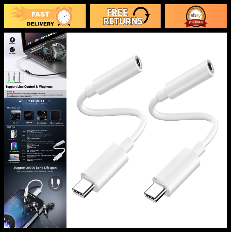 2-Pack 3.5mm Aux Audio Adapter, Type C to 3.5mm Headphone Converter for iPhone &