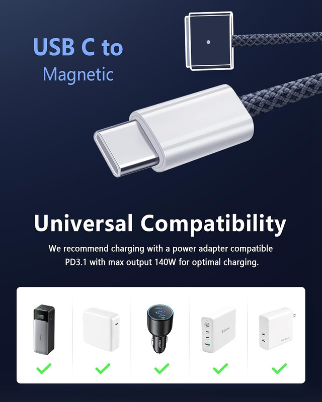 ZeitNah Upgraded USB-C to Magnetic Charging Cable for MacBook Pro/Air (2021-2026 gallery