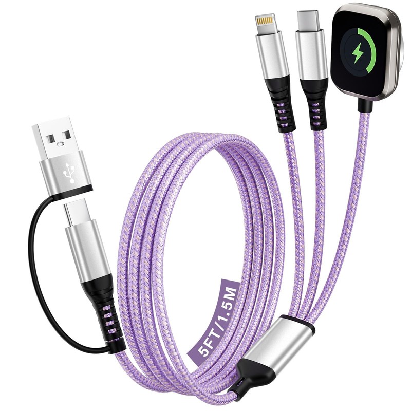 Purple 3 in 2 USB A C Cable to iPhone 17 Travel Charger Cord 5 Ft