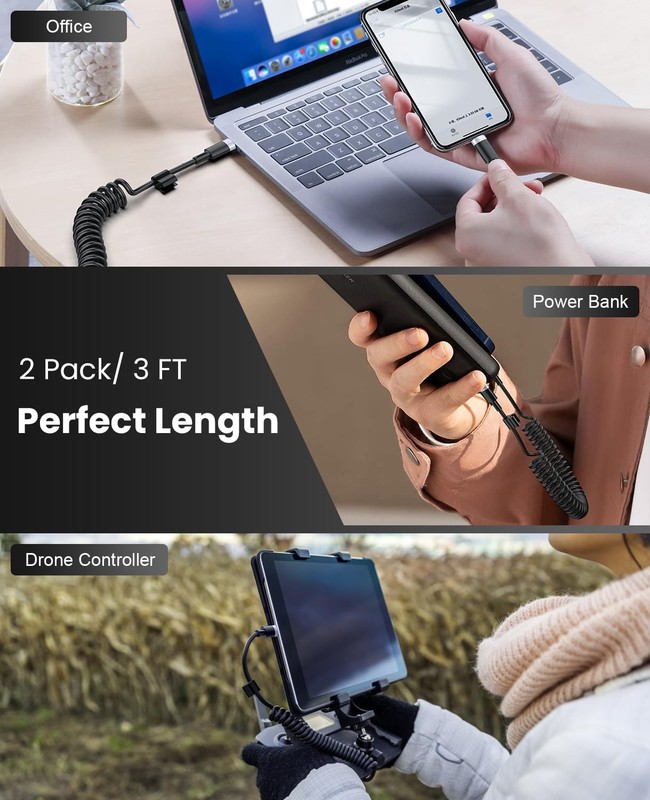 2 Pack Coiled USB C To C Cable 3FT Fast Charging Type C Power Cord Wire Lead gallery
