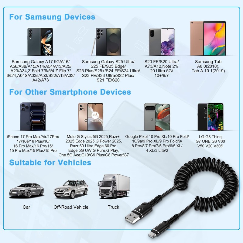 Retractable iPhone 17e Car Charger USB C Coiled Cord Car Carplay Charger Cabl... gallery