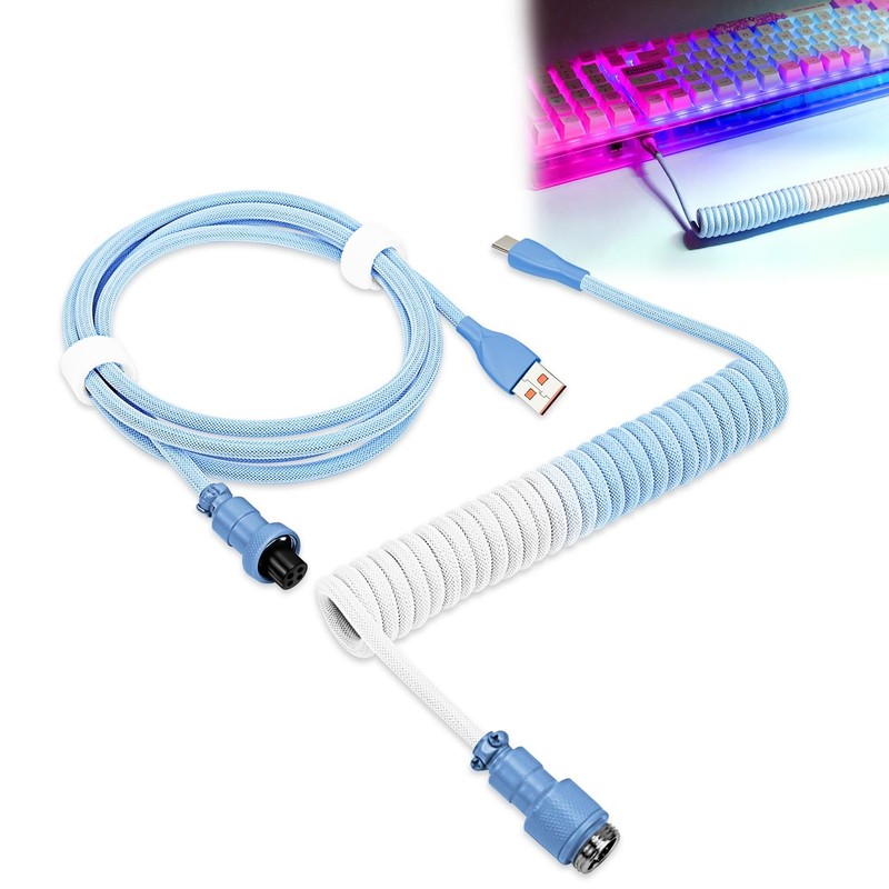Custom Coiled USB Cable for Mechanical Gaming Keyboard, Double-Sleeved, Detac…