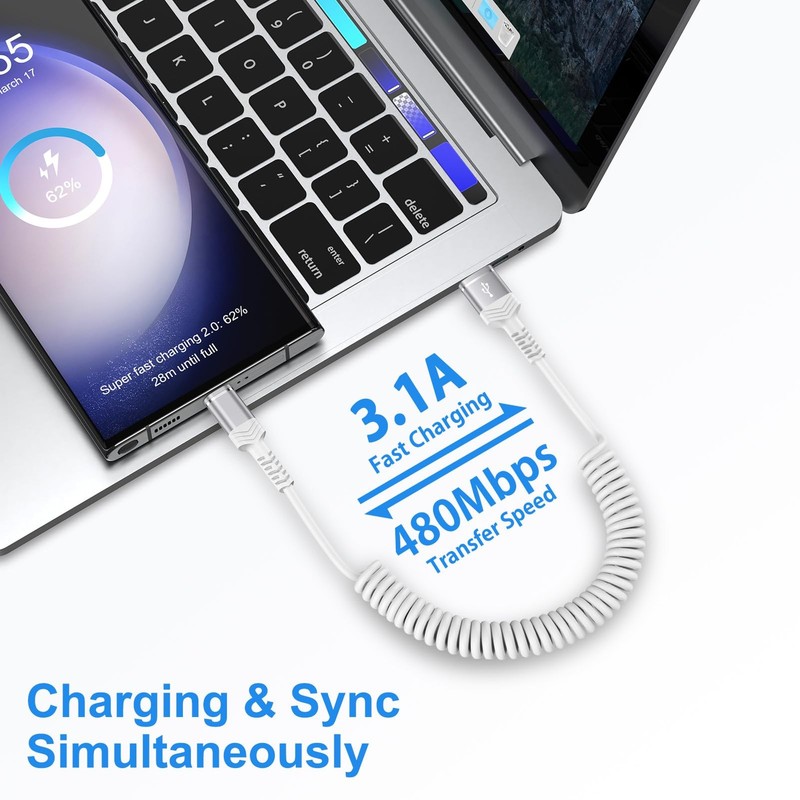 3ft Coiled USB-C Fast Charging Cable for iPhone 17/16/15 & Android Auto gallery