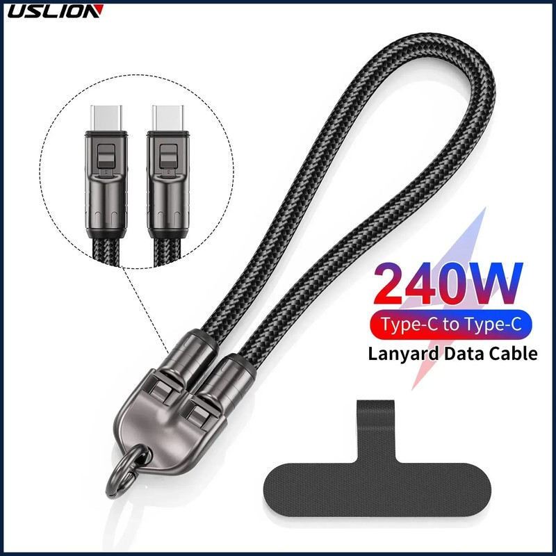 USLION 30CM 240W USB C Cable Braided Aluminum Phone Lanyard Type C to Type C