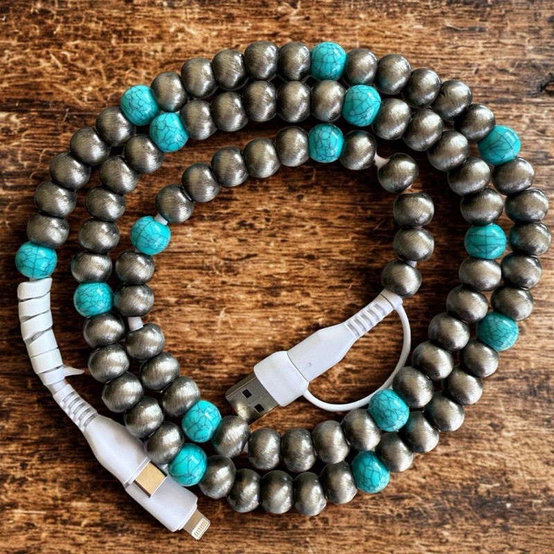 Cowboy Pearl and turquoise Beaded 4-in-1 Charging Cable. Fast Charging.