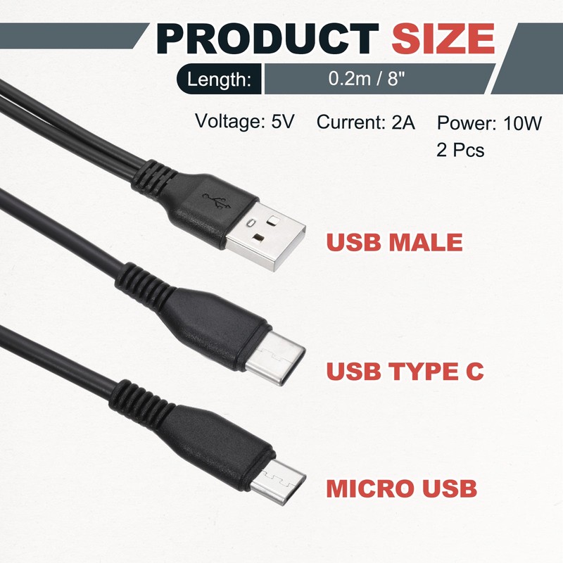 2 Pcs Multi USB A to Micro USB and USB Type C 2 in 1 Splitter 8 Inch, Black gallery
