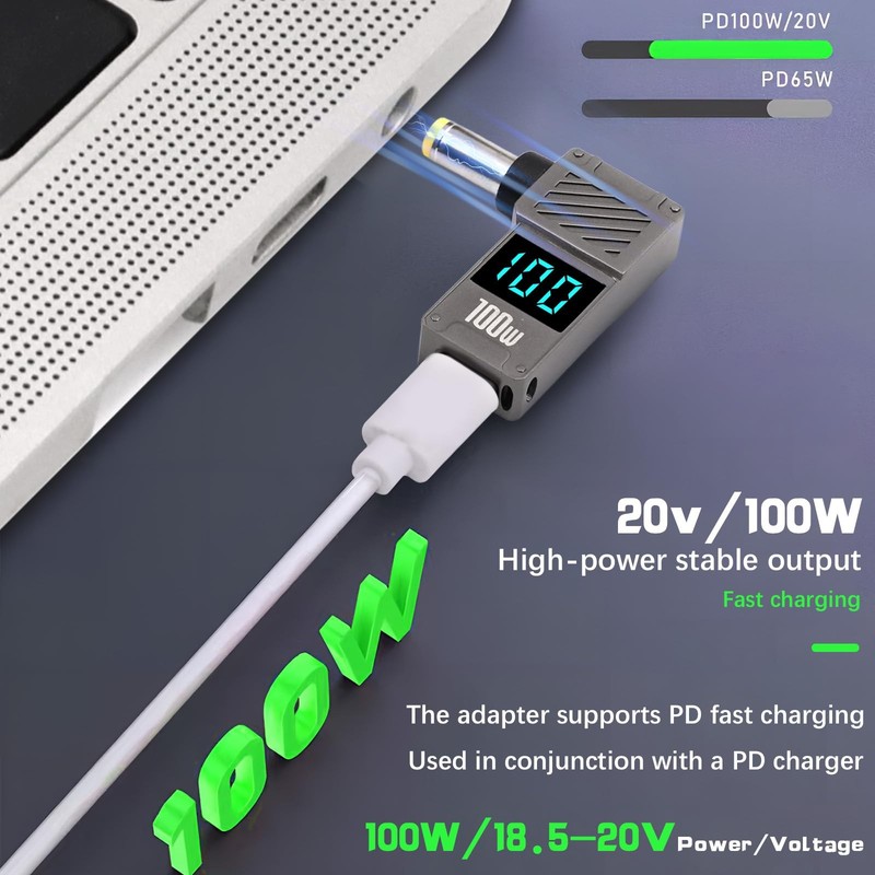 90Degree DC 5.5Ã—2.5Mm to USB C Adapter with Digital Display, 100W DC Male to... gallery