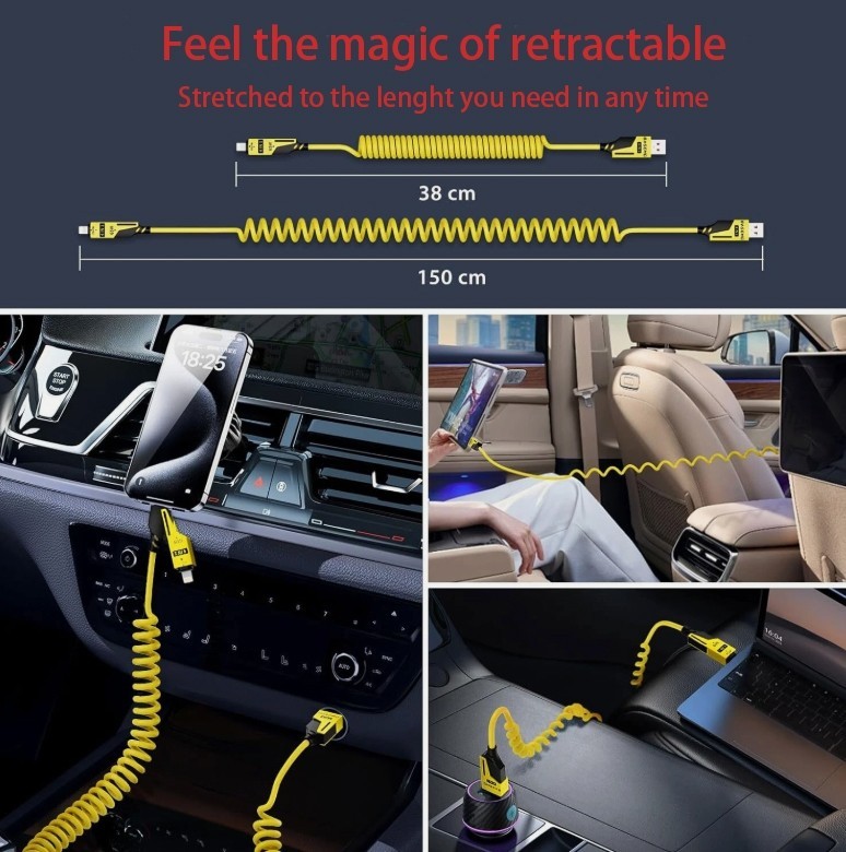 Coiled 65W Fast Charging Cable 4 in 1 Multi USB C to iPhone Charger CarPlay Cord gallery