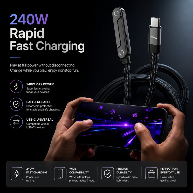 2-in-1 Invisible Holder Charger Cable–240W Fast Charging Cord with Phone Stand gallery